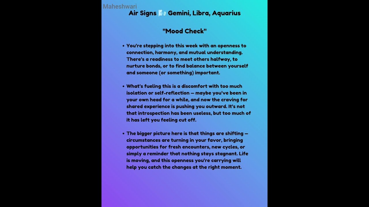 No momento, você está visualizando Air Signs 🌬️ Gemini ♊, Libra ♎, Aquarius ♒ “Mood Check” tarot predictions || Maheshwari Tarot ||