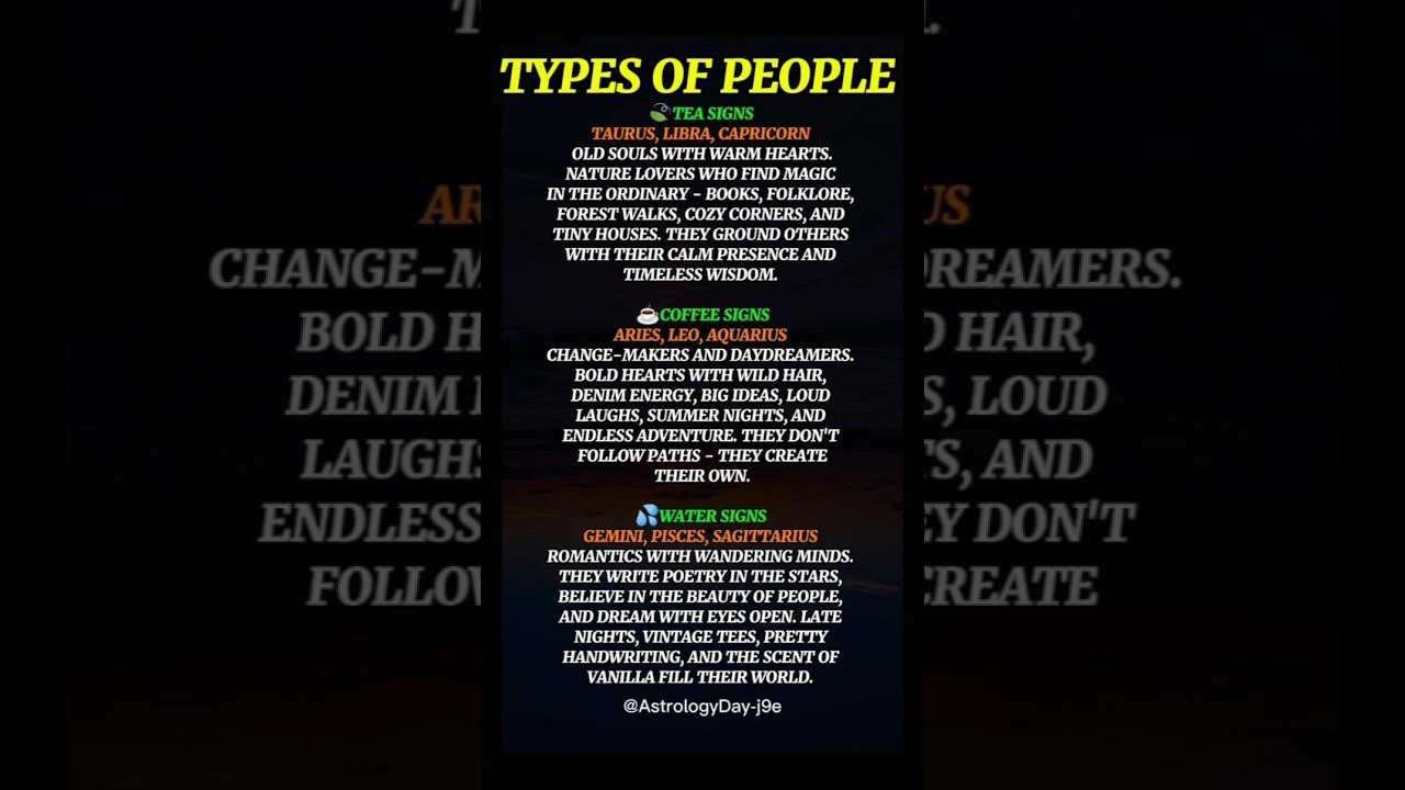 Leia mais sobre o artigo Types of People by Zodiac Energy 🍃☕💦 #zodiac #zodiacsigns #astrology #horoscope #tarot