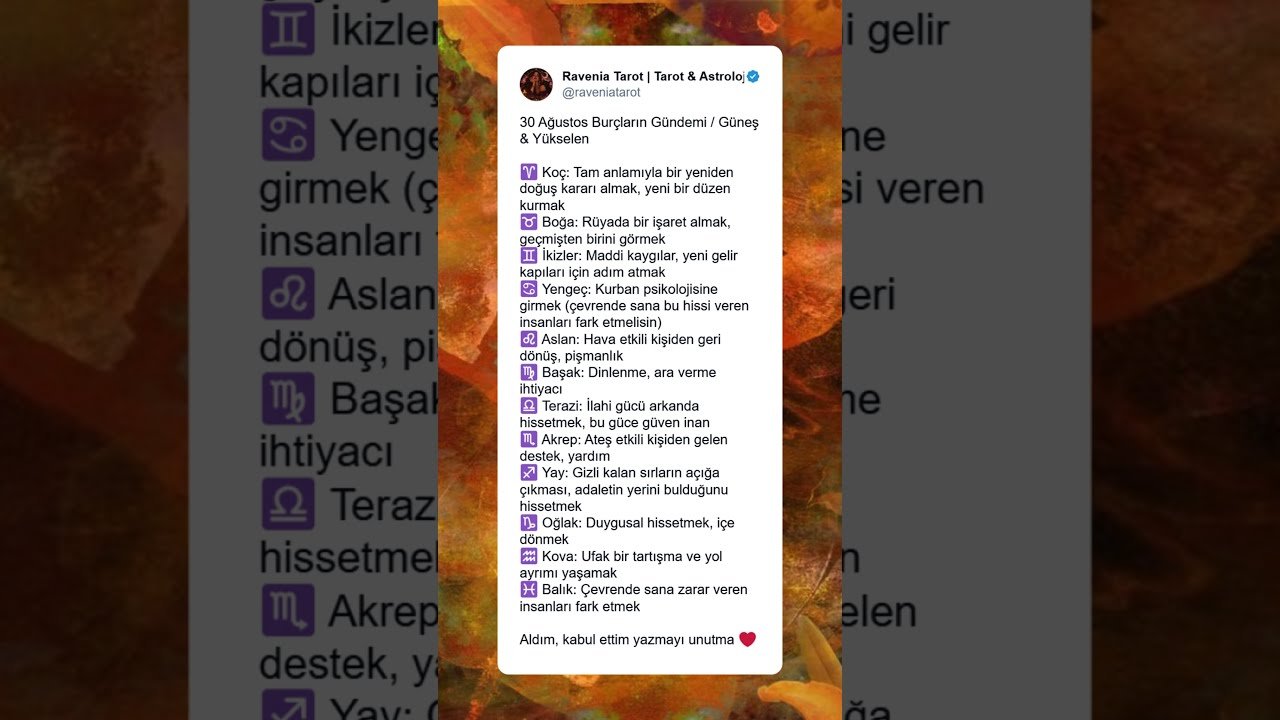 No momento, você está visualizando 30 Ağustos Burçların Gündemi 🪬​  #tarot #astroloji #burçlar #ak #gündem #keşfet #fypp #katina