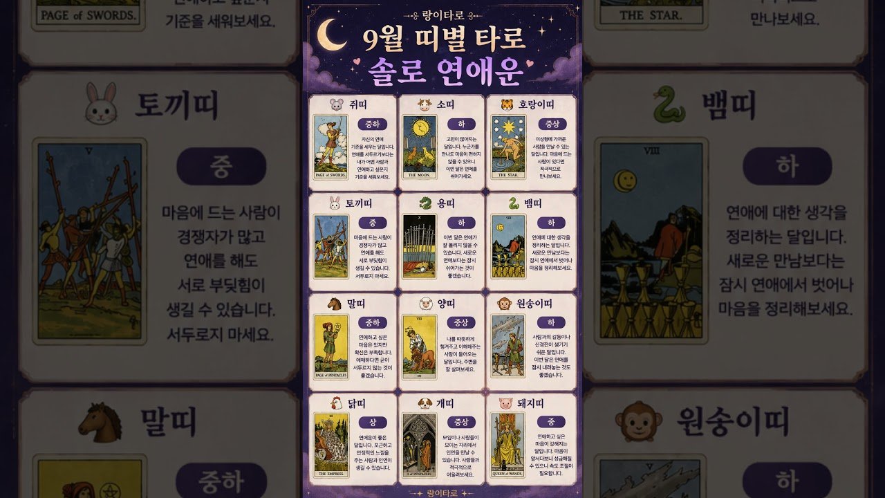 No momento, você está visualizando 9월 띠별 솔로 연애운 #타로 #tarot #타로상담 #타로카드 #띠별운세 #운세 #연애운 #솔로