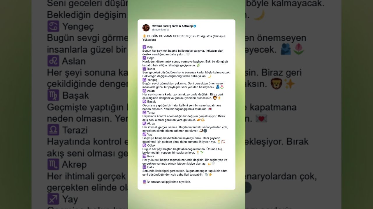 No momento, você está visualizando BUGÜN DUYMAN GEREKEN ŞEY 🔮 23 Ağustos  #tarot #askbuyusu #burçlar #astroloji #gündem #açılım