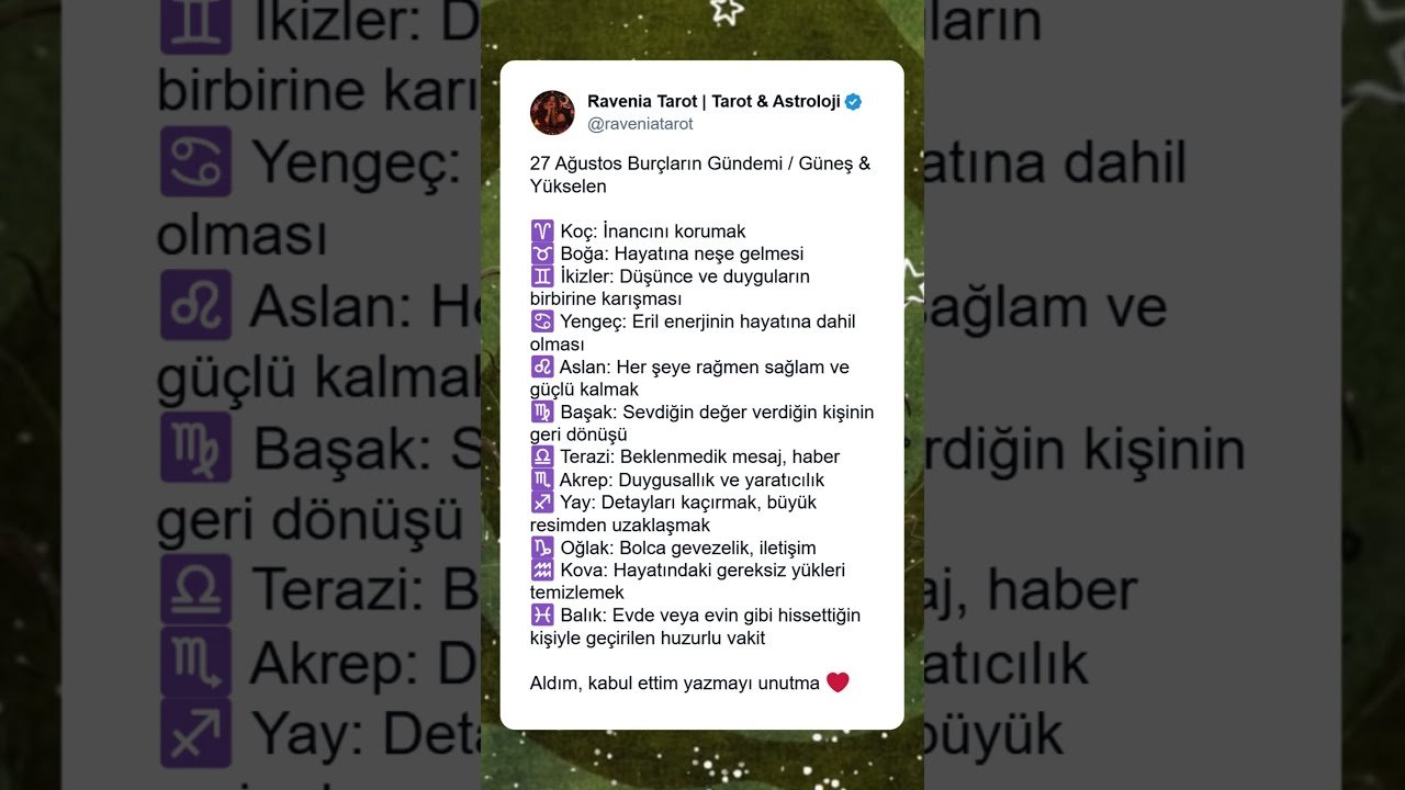 No momento, você está visualizando Burç Gündemi 27 Ağustos #tarot #burçlar #burçyorumları #burç #aşk #gündem #astroloji #numeroloji