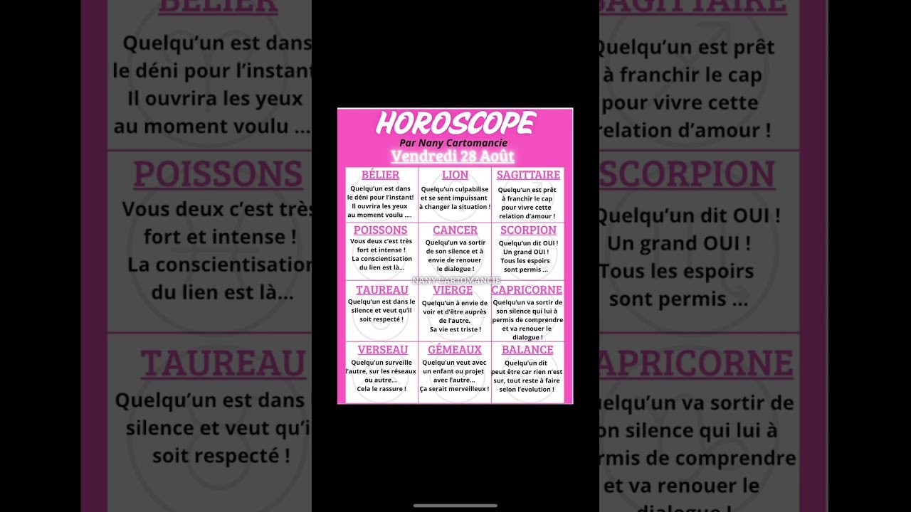 No momento, você está visualizando 🔮HOROSCOPE DU VENDREDI 28 AOÛT. #oracleamour #guidance #astrology #tarot #voyanceactualite