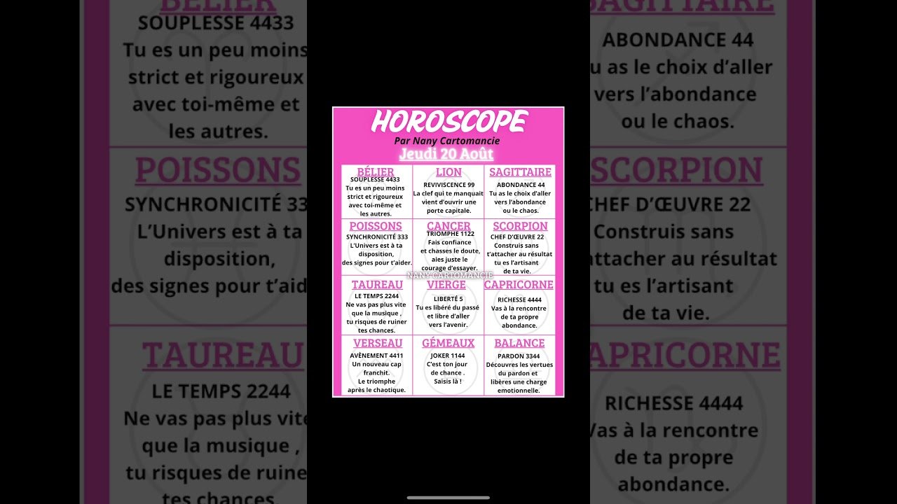 No momento, você está visualizando 🔮HOROSCOPE DU JEUDI 20 AOÛT. #oracleamour #guidance #astrology #tarot #voyanceactualite