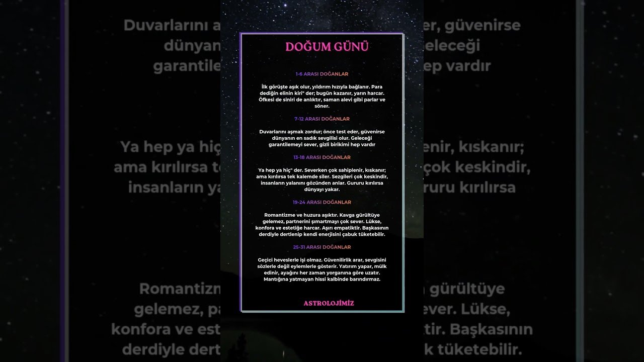 No momento, você está visualizando Doğum gününe göre #astroloji #astrolojiyorumu #burçlar #burçyorumları #tarot #shorts #keşfet #viral